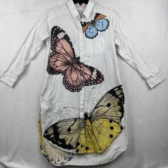 Maeve Dresses & Skirts - Maeve Anthropologie White Button Down Poplin Tunic Dress Butterfly Print XXS